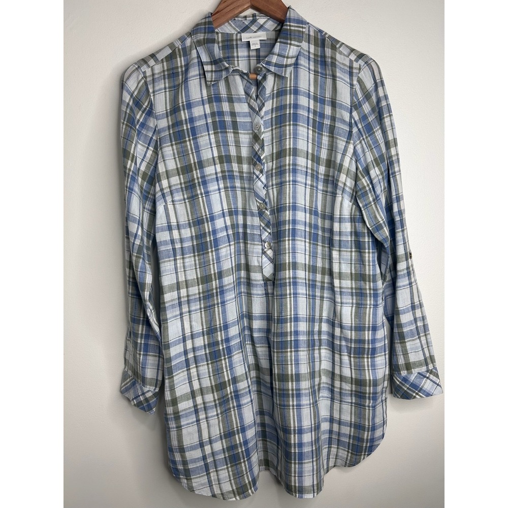 J Jill Love Linen Plaid Henley Tunic Top Womens Small Blue Green Coastal Preppy